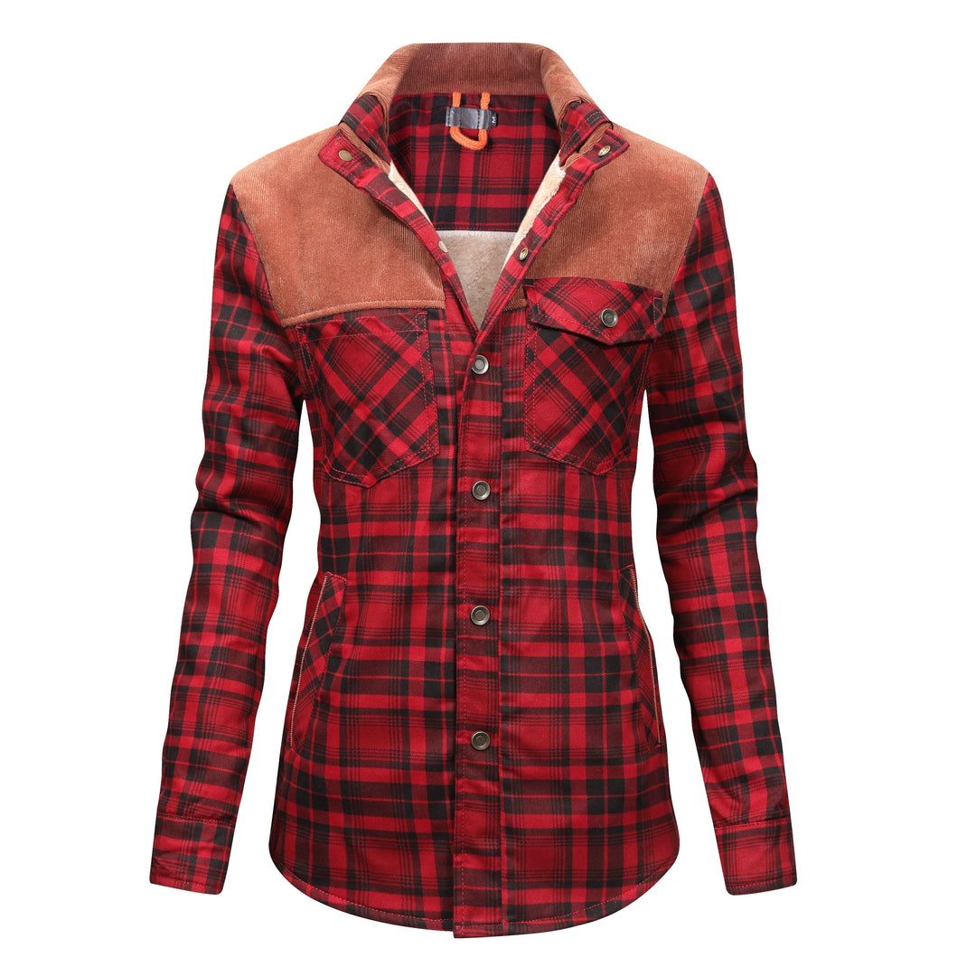 Checked button jacket with fleece inside for women