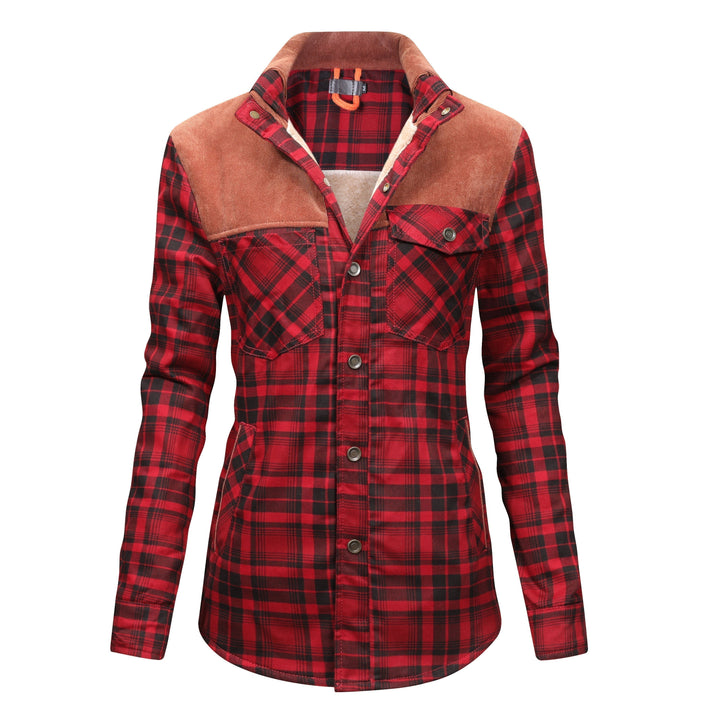 Checked button jacket with fleece inside for women