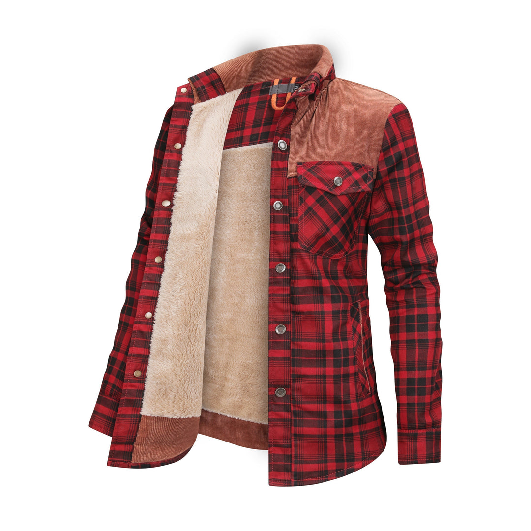 Checked button jacket with fleece inside for women