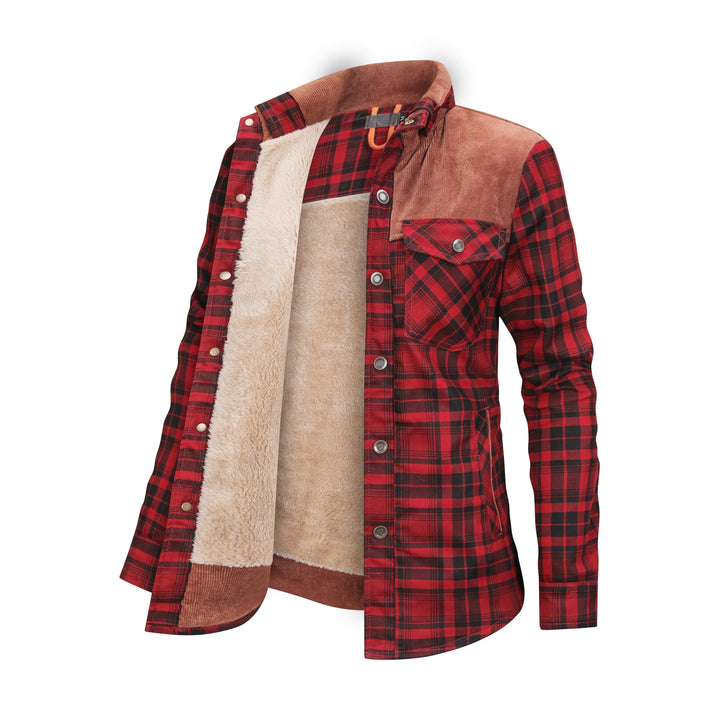 Checked button jacket with fleece inside for women