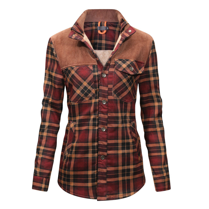 Checked button jacket with fleece inside for women