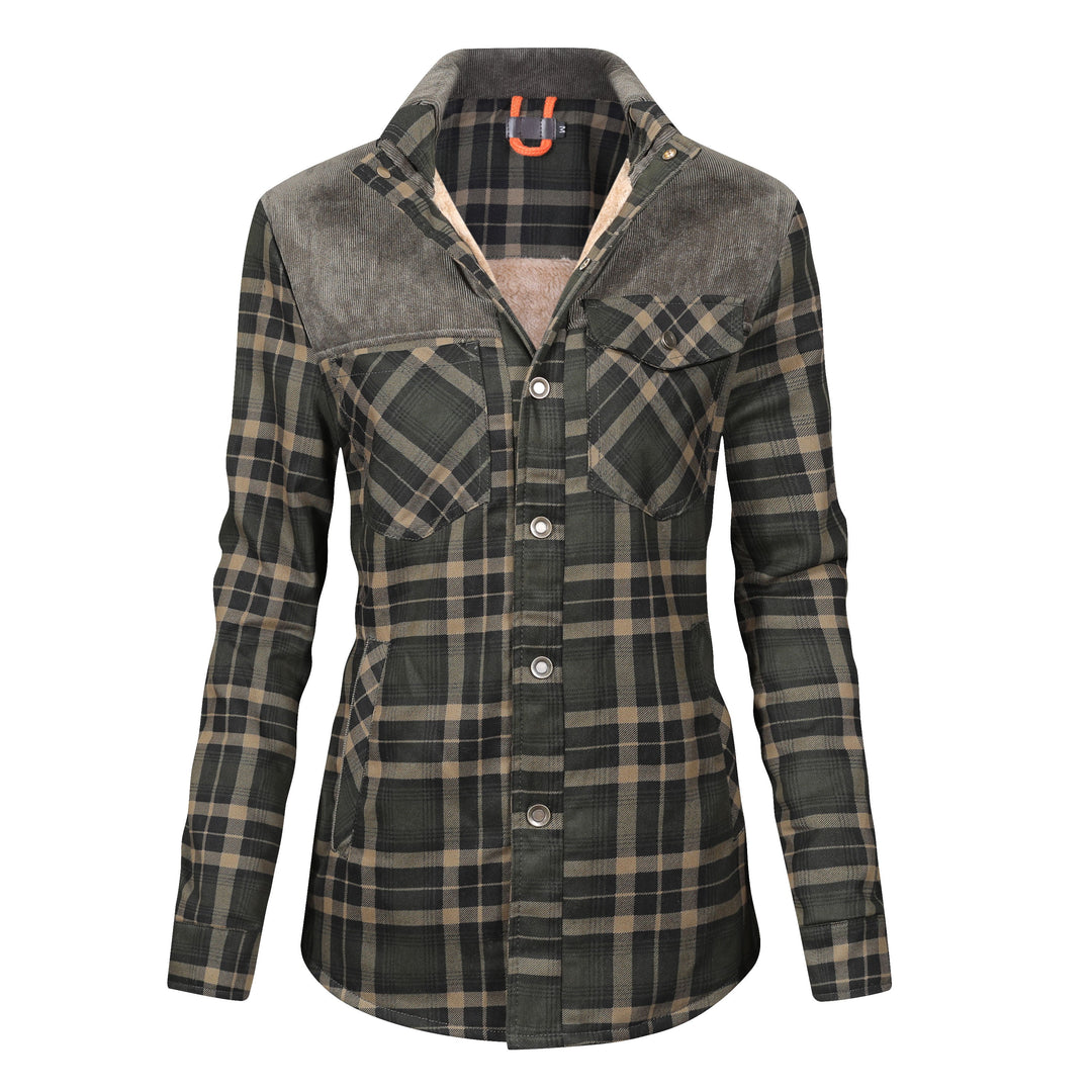 Checked button jacket with fleece inside for women