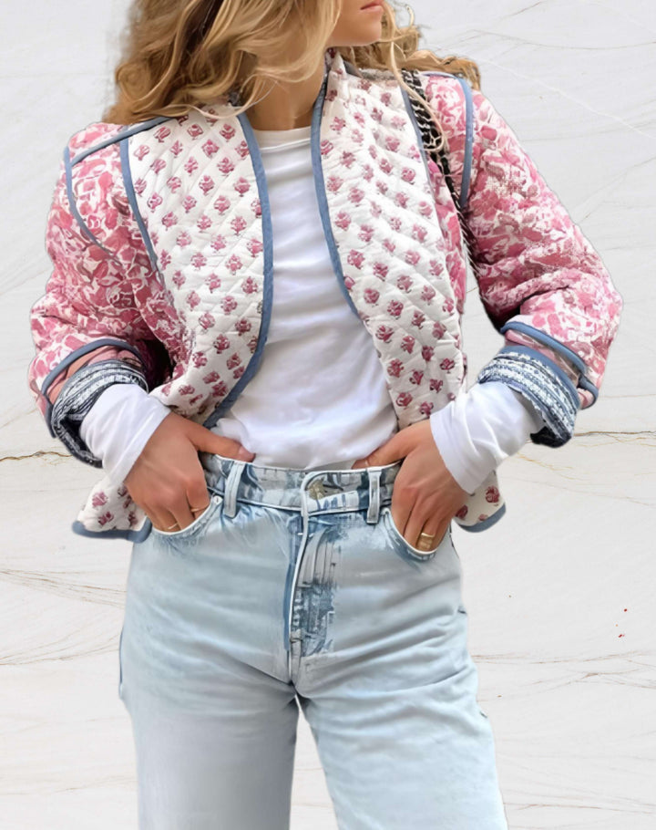 Women's casual jacket with floral print, pockets and open front