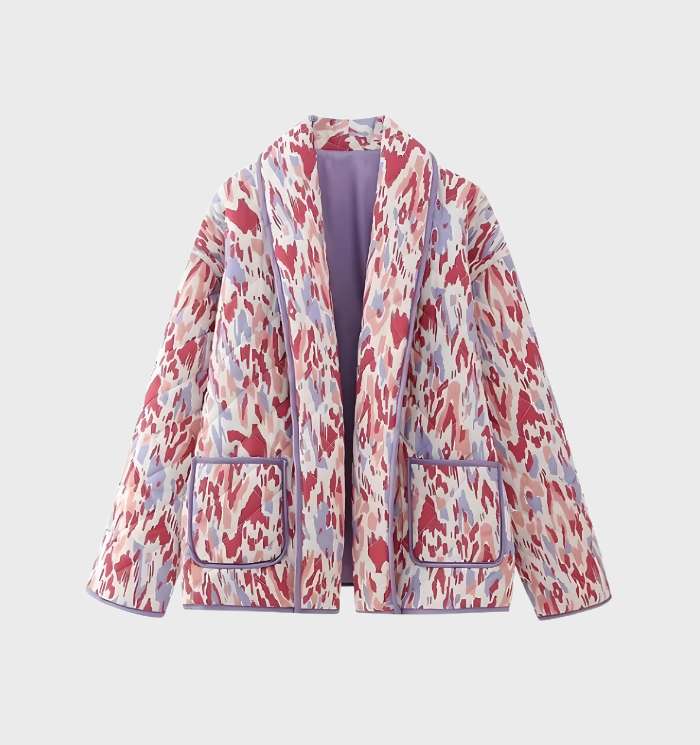 Women's casual jacket with floral print, pockets and open front