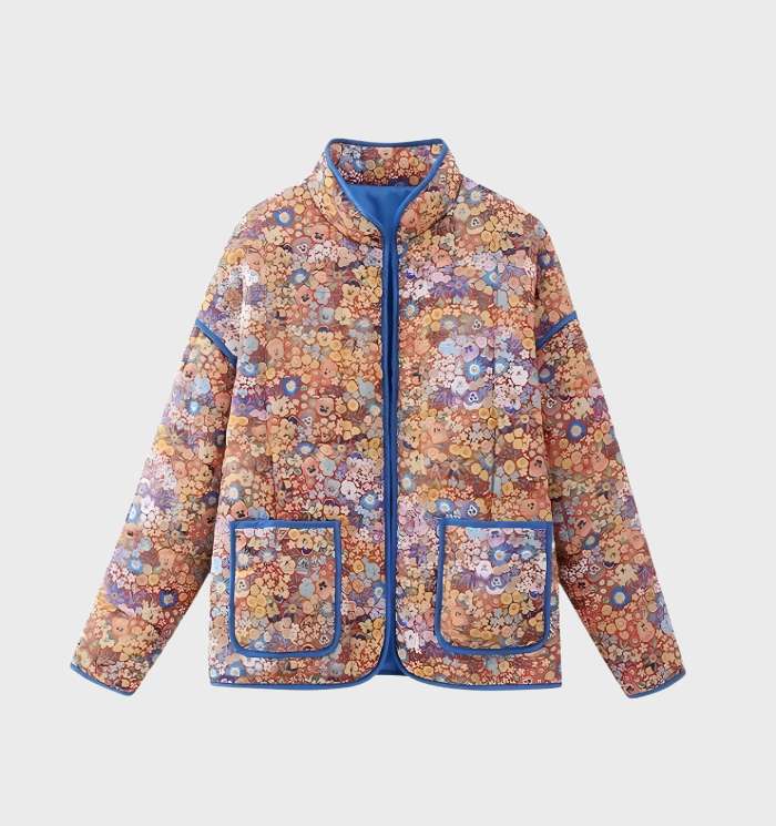 Women's casual jacket with floral print, pockets and open front