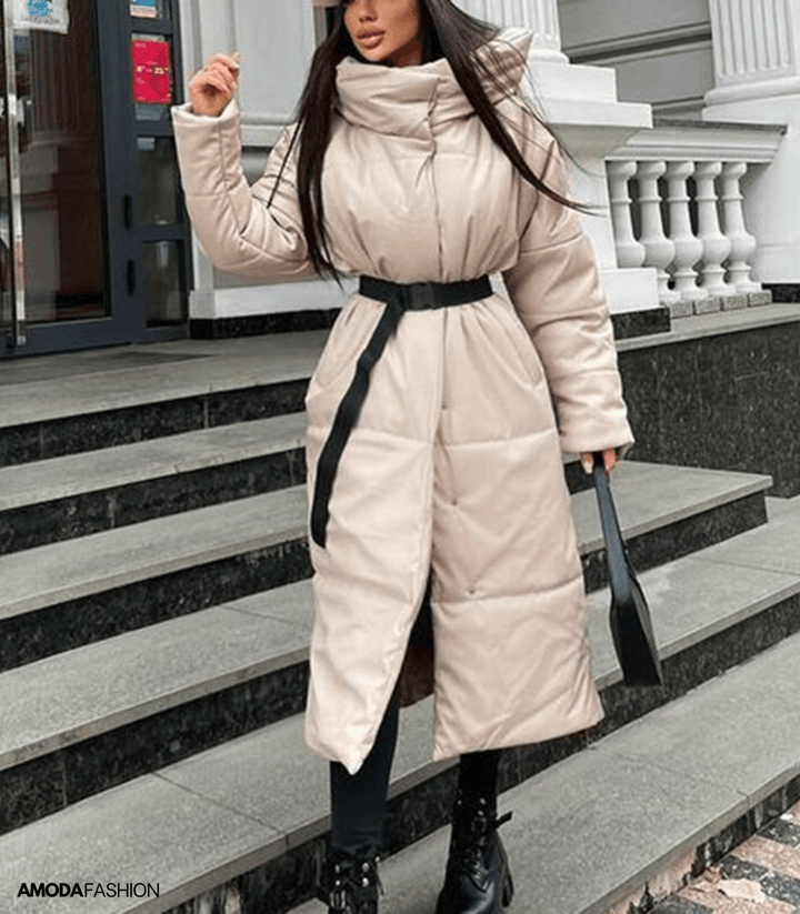 Long leather puffer jacket with belt for women