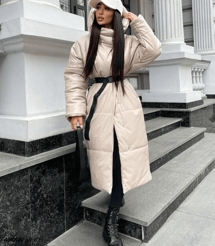 Long leather puffer jacket with belt for women