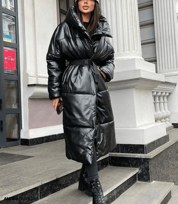 Long leather puffer jacket with belt for women