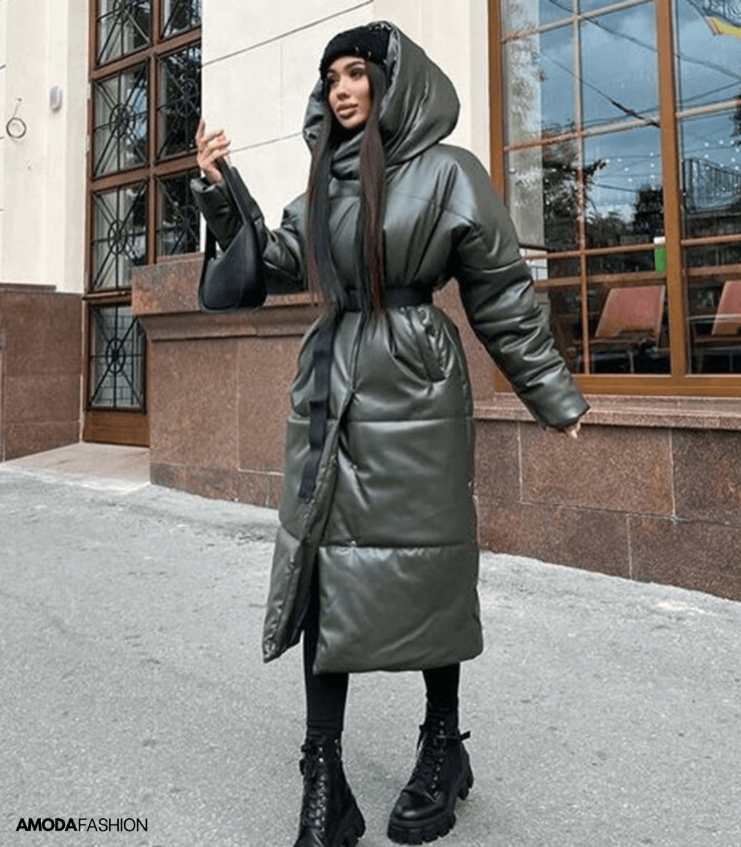 Long leather puffer jacket with belt for women