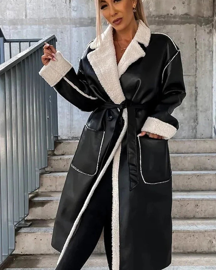 Long Leather Coat with Fur for Women