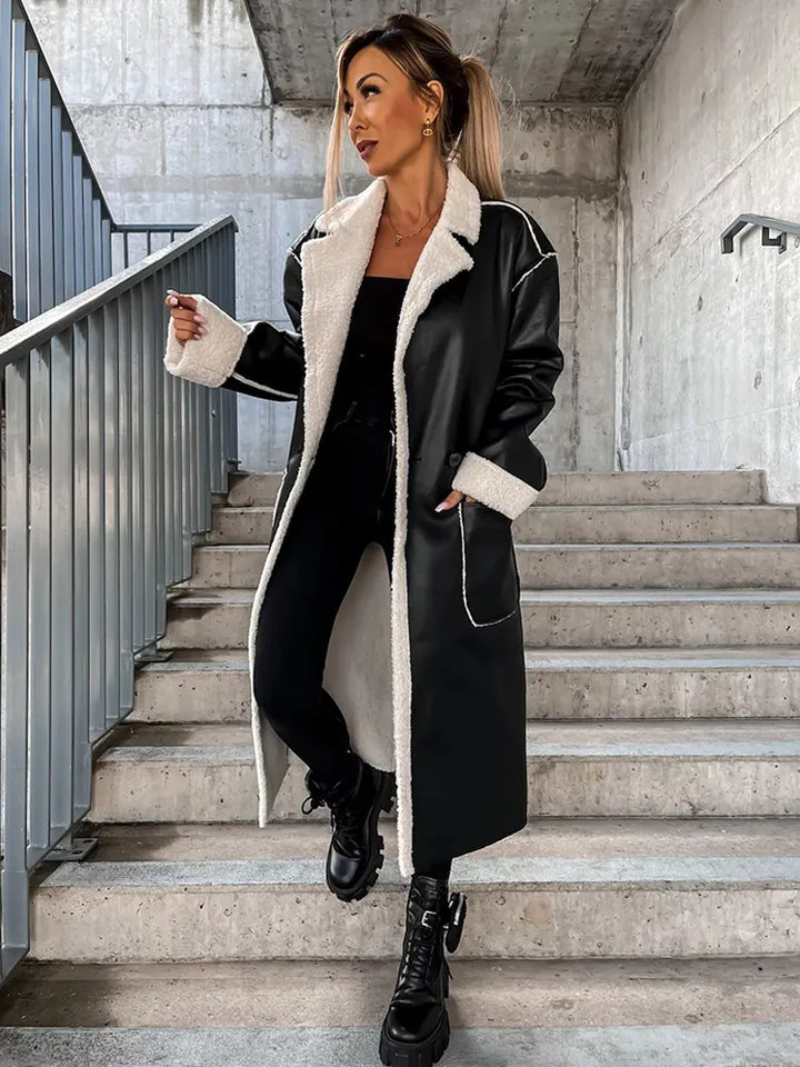 Long Leather Coat with Fur for Women