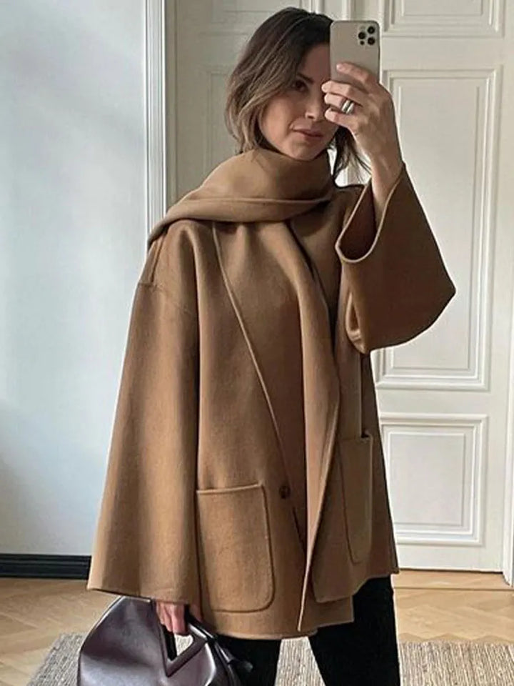 Camel Coat with Scarf for Women