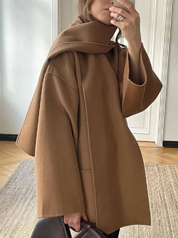 Camel Coat with Scarf for Women