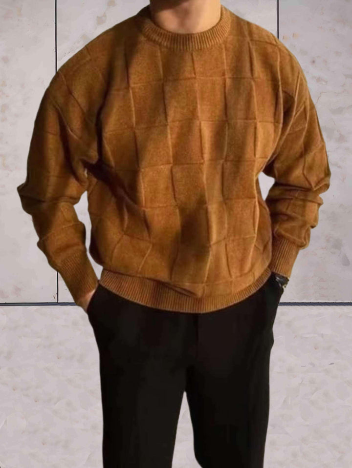 Plain Knitted Men's Sweater with Round Neckline