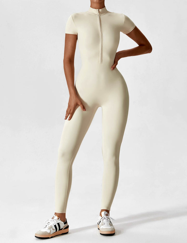 Ladies long-sleeved jumpsuit with zip fastening and open collar