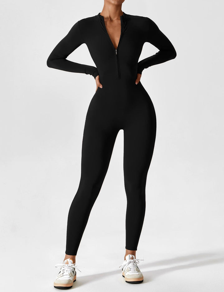 Ladies long-sleeved jumpsuit with zip fastening and open collar