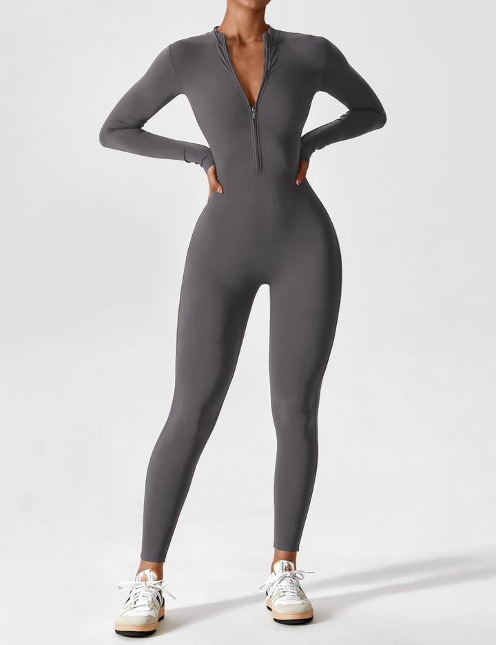 Ladies long-sleeved jumpsuit with zip fastening and open collar