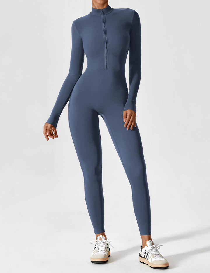 Ladies long-sleeved jumpsuit with zip fastening and open collar